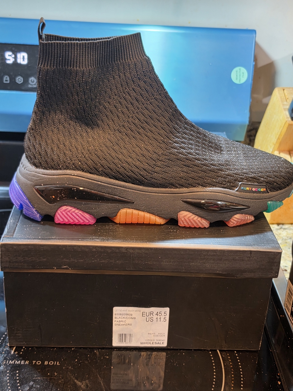 Kurt Geiger Black Knit Sock Sneaker with Multicolor Tread